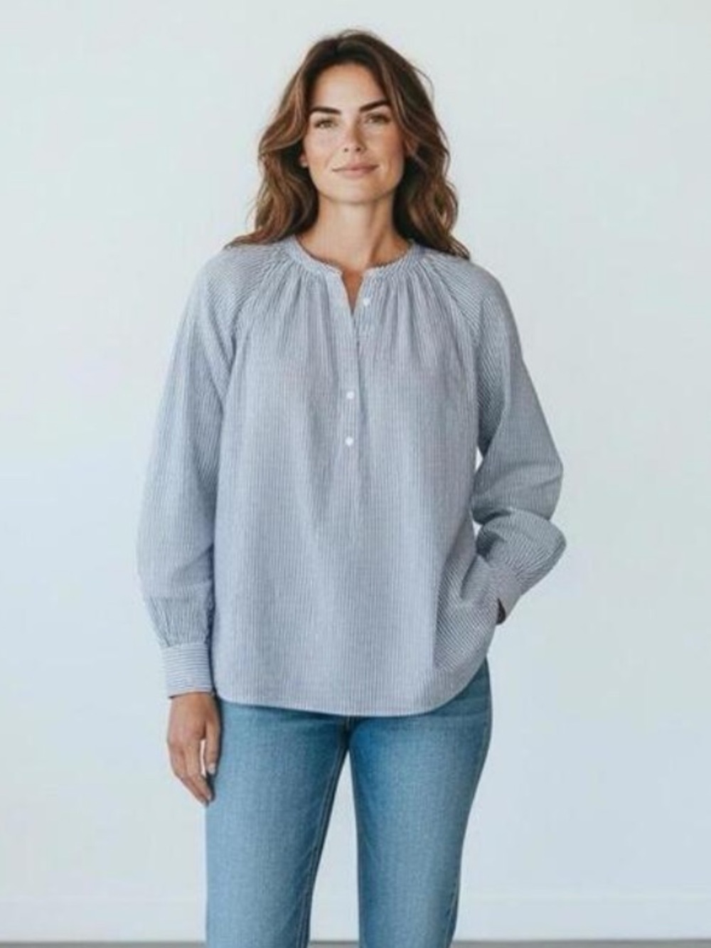 LOFT Ann Taylor Striped Tunic Shirt Popover Buttons Collared